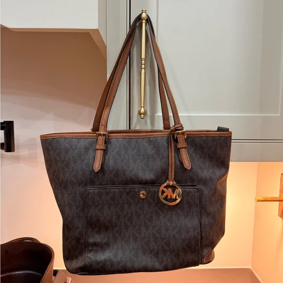 Michael Kors Dark Brown Logo Tote with Tan Trim - Picture 1 of 6
